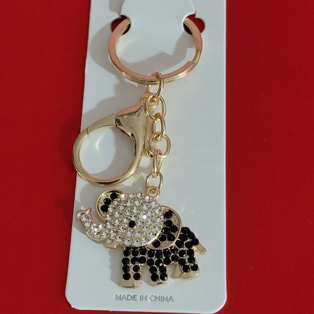Black White Crystal Elephant Key Ring Bag Charm